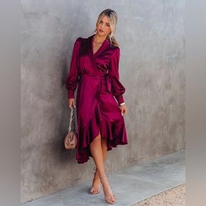Satin Wrap Midi Dress in Merlot